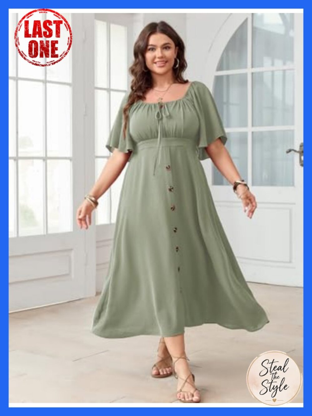 Sage Green Boho Plus Size Maxi Dress Square Neck Bell Sleeve Smocked Back Tie - Picture 2 of 6